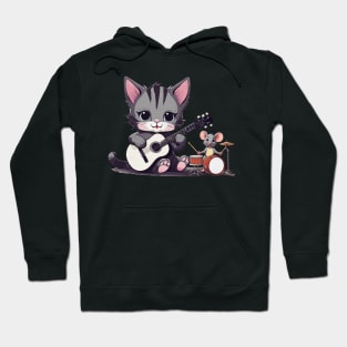 cute kitten playing the guitar with a cute little mouse playing the drum Hoodie